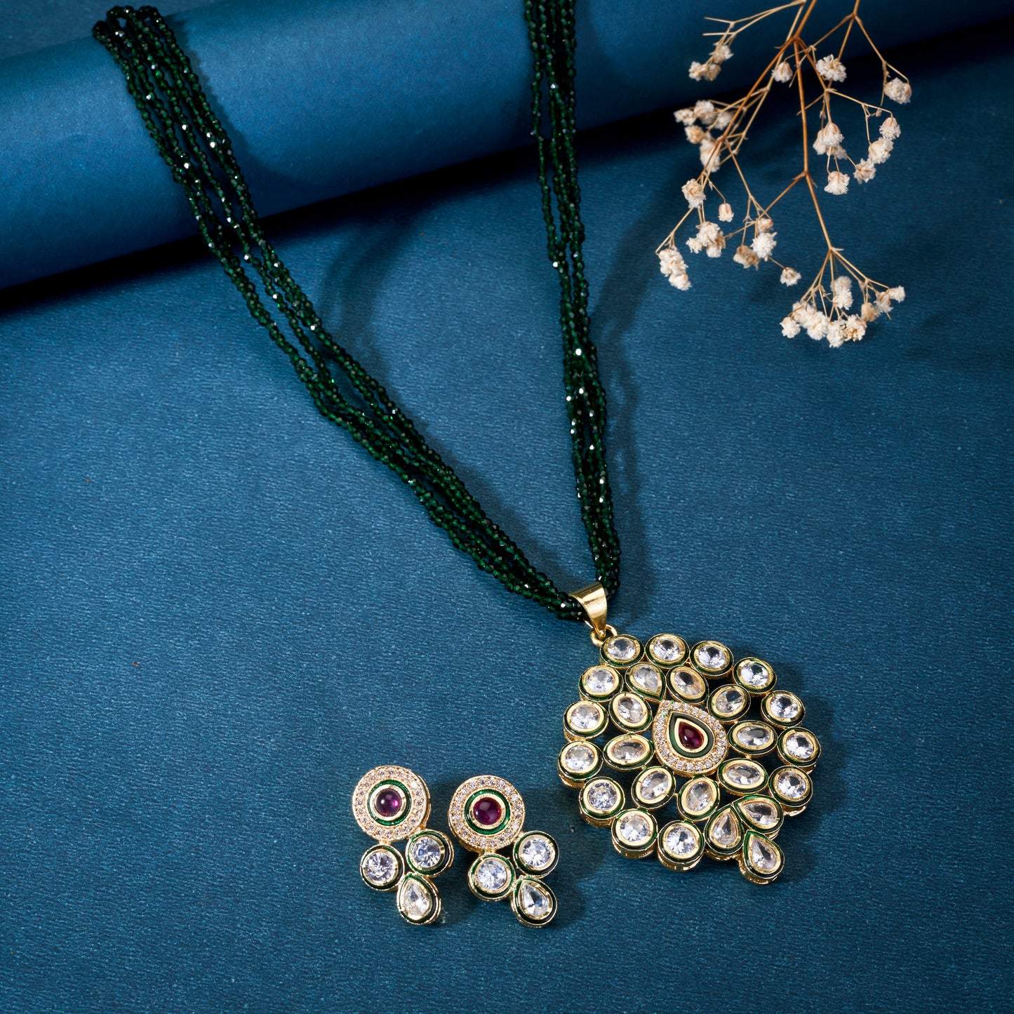 Beaded Kundan Pendant Set with Matching Earrings