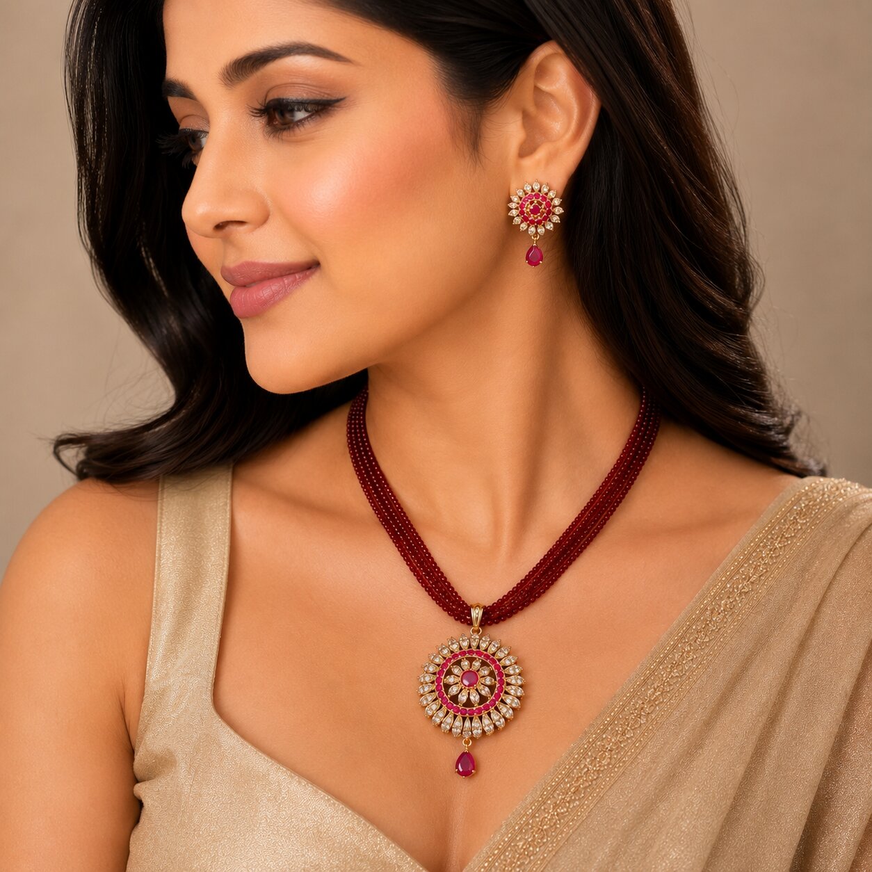 Gold Plated American Diamond Floral Halo Pendant Necklace Set with Multi-Strand Beaded Chain