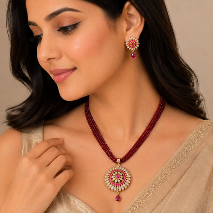 Gold Plated American Diamond Floral Halo Pendant Necklace Set with Multi-Strand Beaded Chain