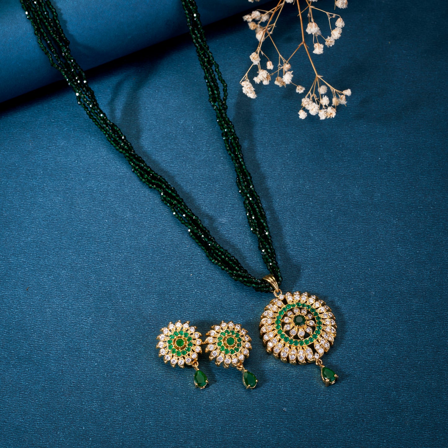 Green Beaded Kundan Necklace and Earring Set