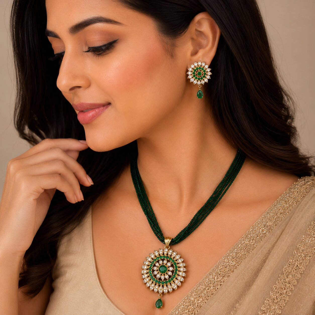 Gold Plated American Diamond Floral Halo Pendant Necklace Set with Multi-Strand Beaded Chain