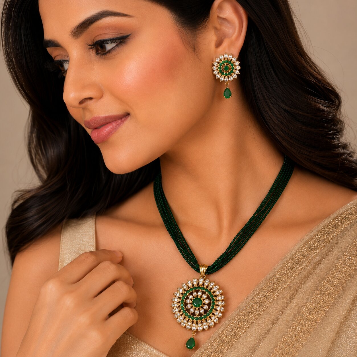 Gold Plated American Diamond Floral Halo Pendant Necklace Set with Multi-Strand Beaded Chain