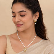 Gold Plated Paisley Floral Design Kundan Pearl Pendant Necklace Set with American Diamond & Pearl Beaded Chain