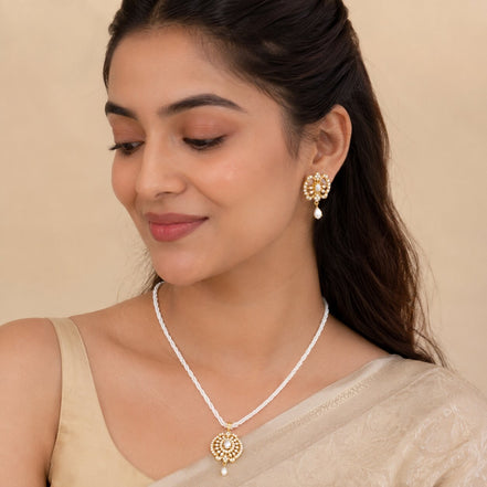 Gold Plated Paisley Floral Design Kundan Pearl Pendant Necklace Set with American Diamond & Pearl Beaded Chain