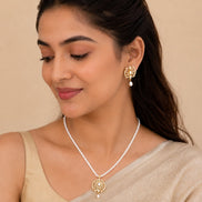 Gold Plated Paisley Floral Design Kundan Pearl Pendant Necklace Set with American Diamond & Pearl Beaded Chain