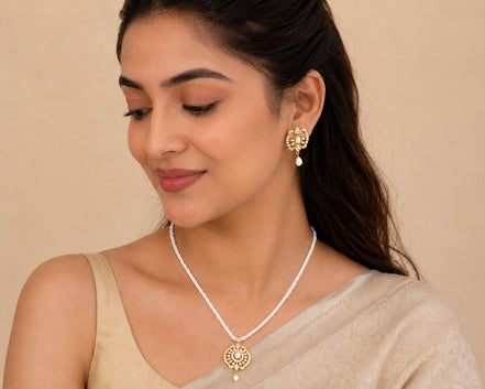 Gold Plated Paisley Floral Design Kundan Pearl Pendant Necklace Set with American Diamond & Pearl Beaded Chain