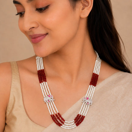 Gold Plated Elephant Motif Pearl Beaded Mala Necklace with American Diamond Accents