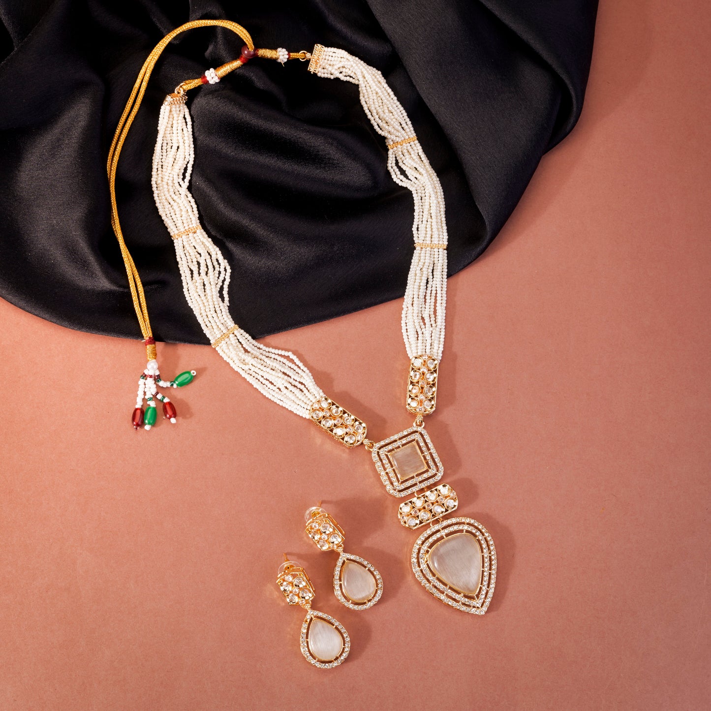 Multi-Strand Beaded Kundan Necklace Set with Earrings