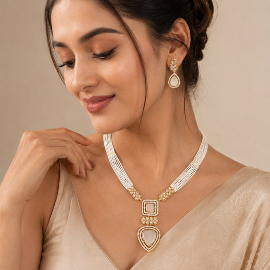 Gold Plated Kundan Pattern Multi-Strand Pearl Beaded Pendant Necklace Set