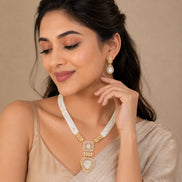 Gold Plated Kundan Pattern Multi-Strand Pearl Beaded Pendant Necklace Set