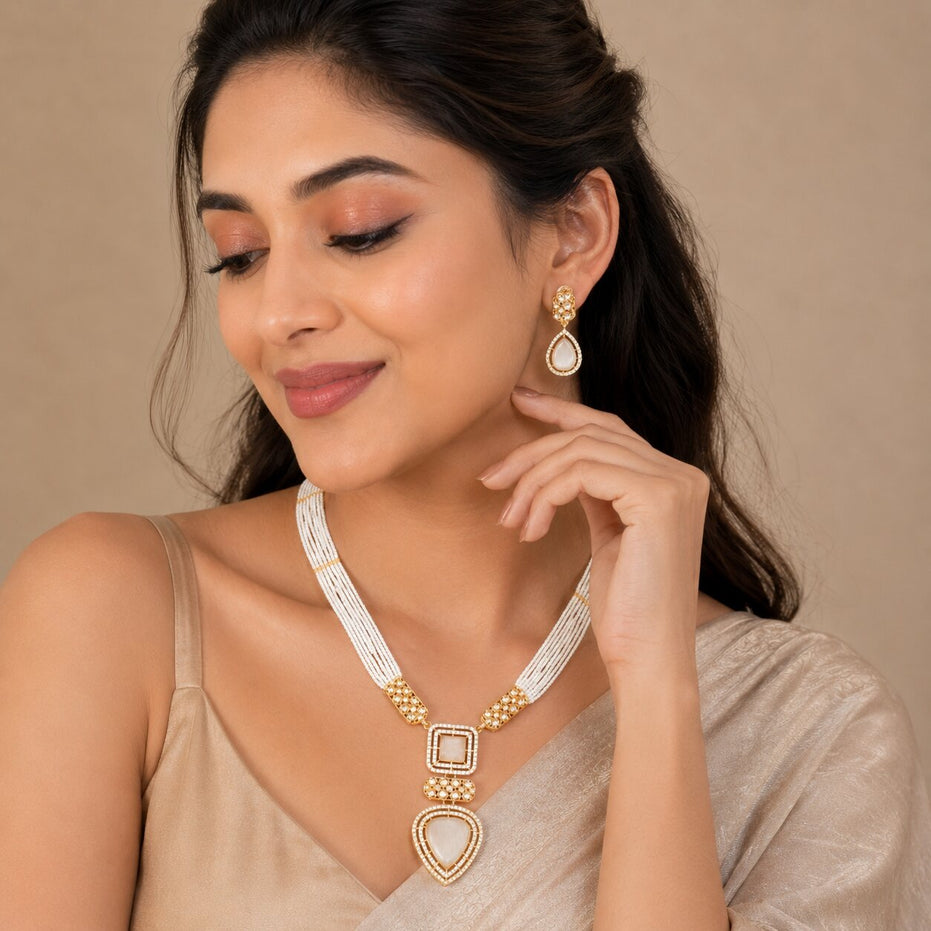 Gold Plated Kundan Pattern Multi-Strand Pearl Beaded Pendant Necklace Set