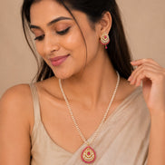Gold Plated Kundan Floral Teardrop Pendant Necklace Set with Pearl Beaded Chain