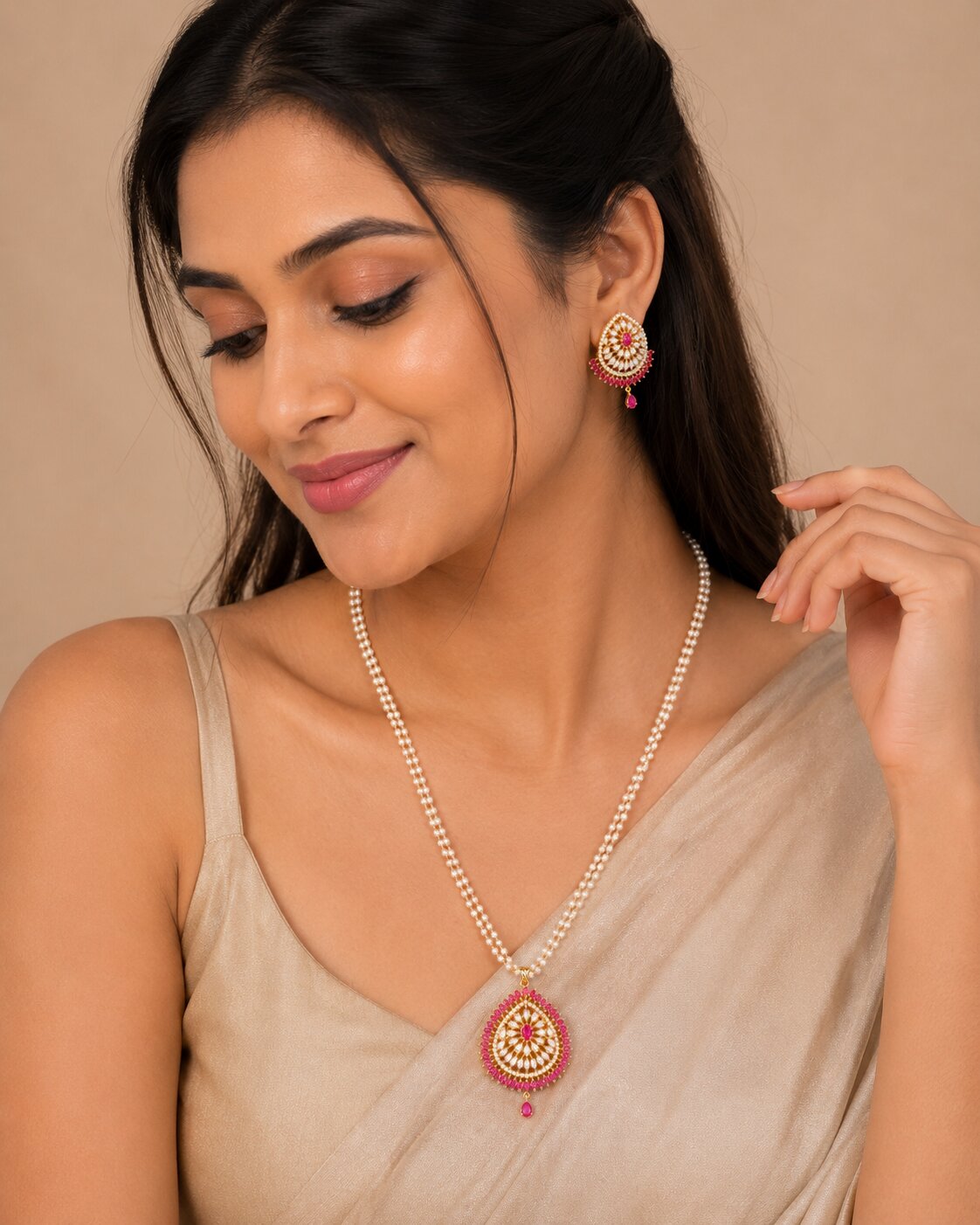 Gold Plated Kundan Floral Teardrop Pendant Necklace Set with Pearl Beaded Chain
