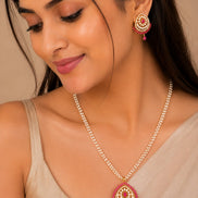 Gold Plated Kundan Floral Teardrop Pendant Necklace Set with Pearl Beaded Chain