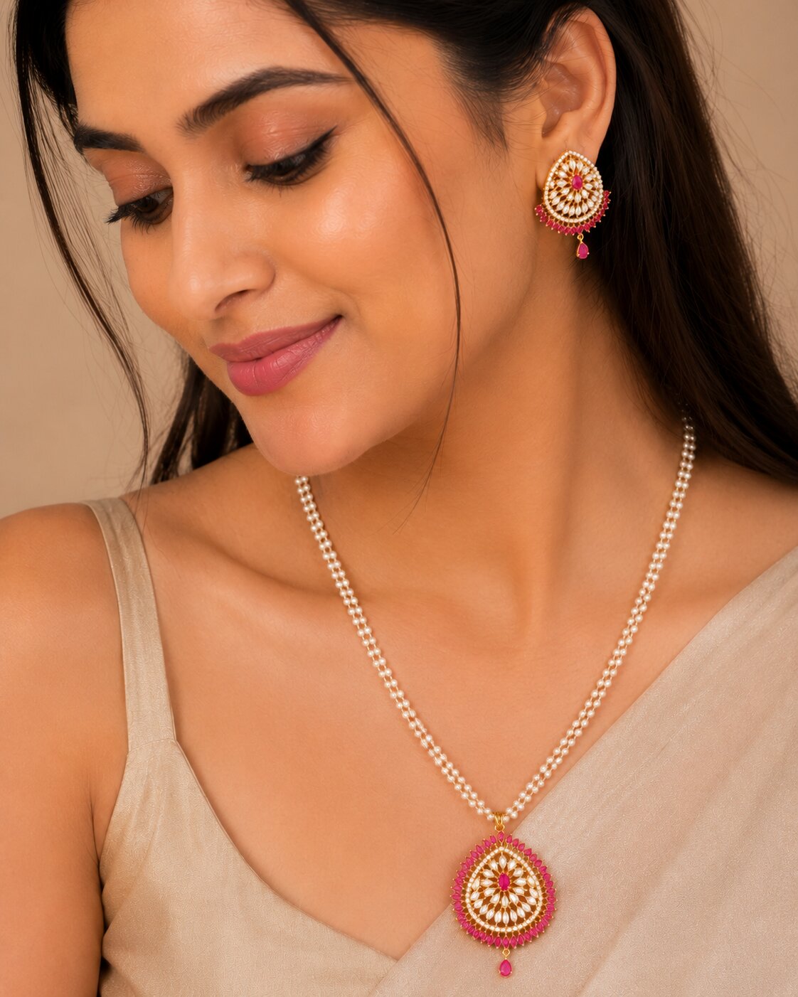Gold Plated Kundan Floral Teardrop Pendant Necklace Set with Pearl Beaded Chain