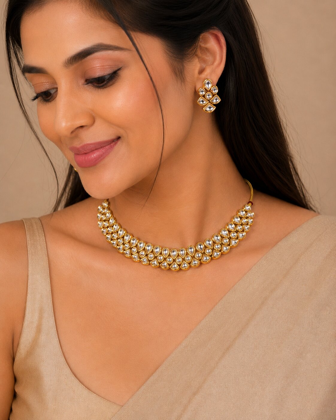 Gold Plated Kundan Leaf Pattern Choker Necklace Set with Adjustable Thread