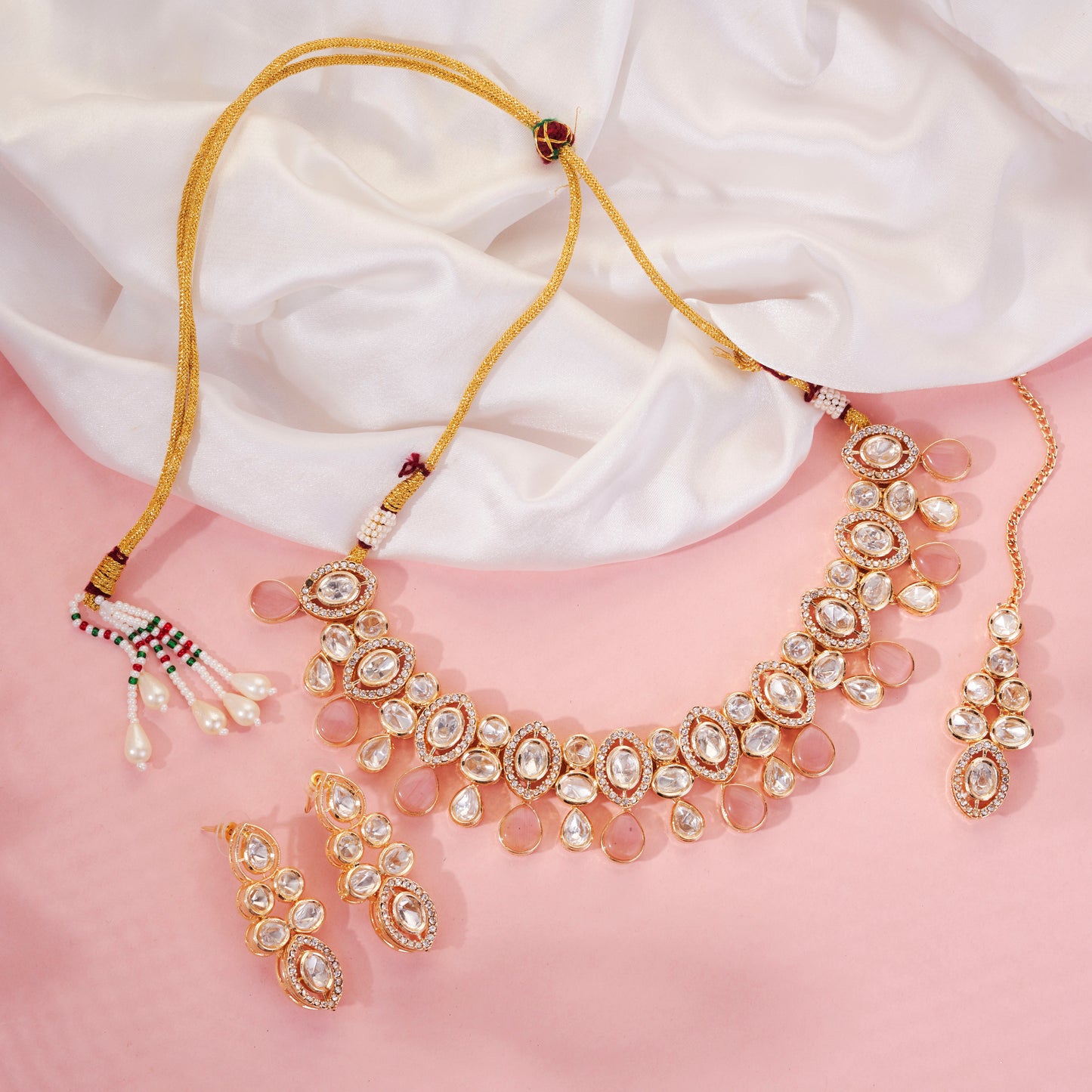Elegant Kundan & Stone Embellished Necklace Set with Maang Tikka
