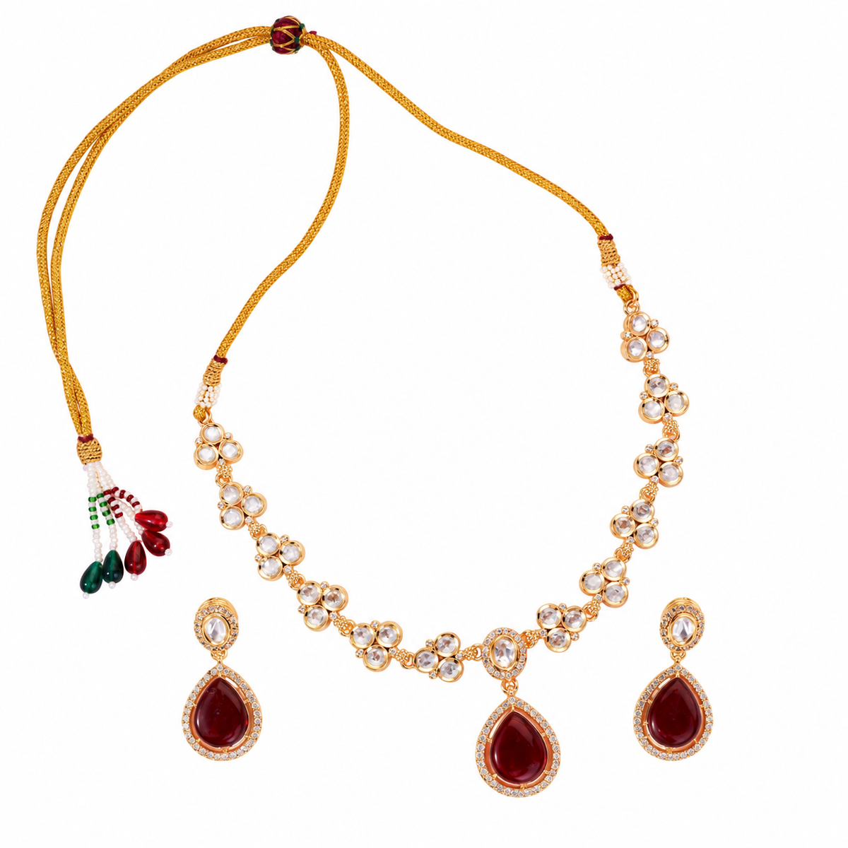 Gold-Plated American Diamond & Ruby-Colored Necklace Set