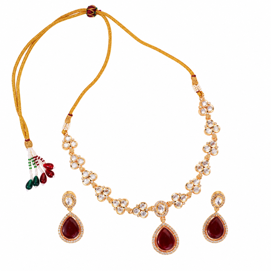 Gold-Plated American Diamond & Ruby-Colored Necklace Set