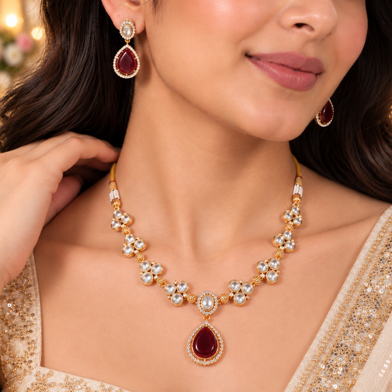 Gold-Plated American Diamond & Ruby-Colored Necklace Set