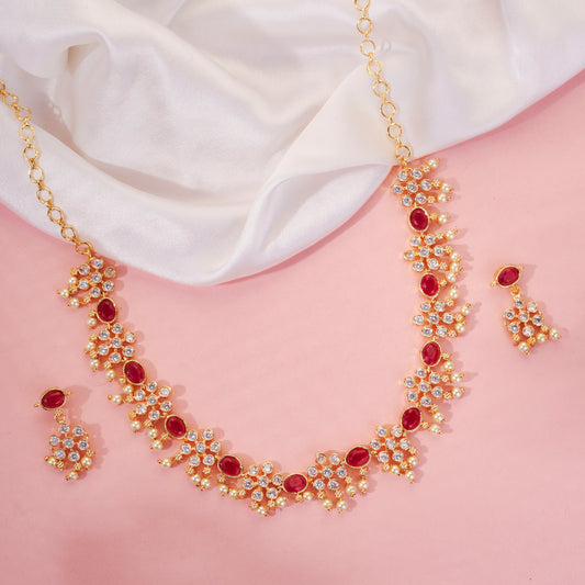 Traditional Floral Gold-Toned Necklace Set with Pearl & Stone Embellishments