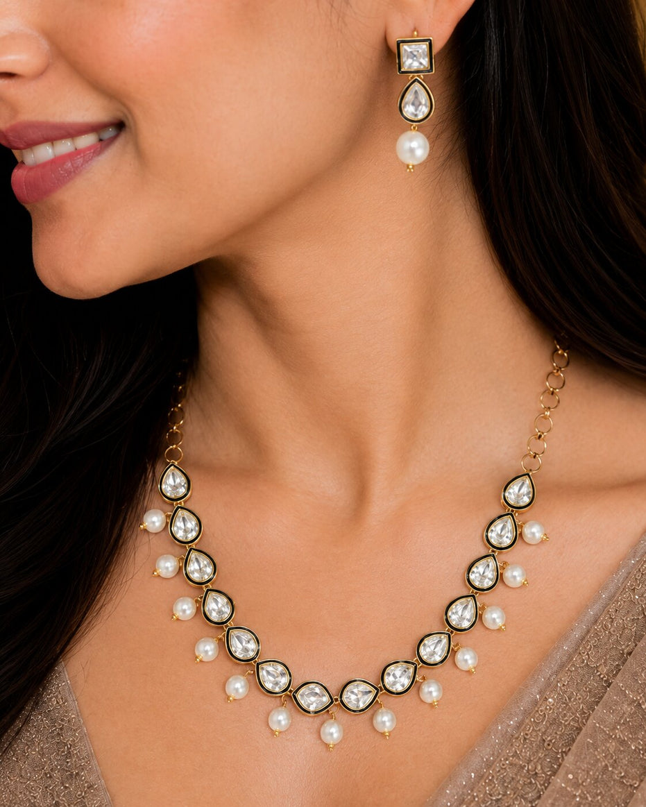 Gold Plated Kundan & Pearl Necklace Set with Earrings