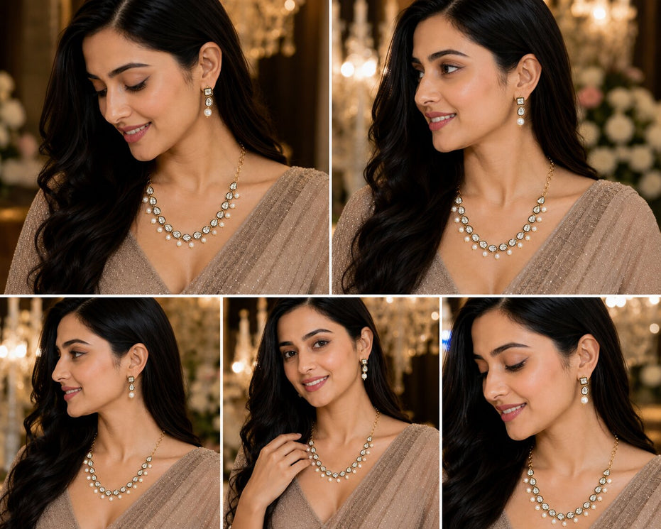Gold Plated Kundan & Pearl Necklace Set with Earrings
