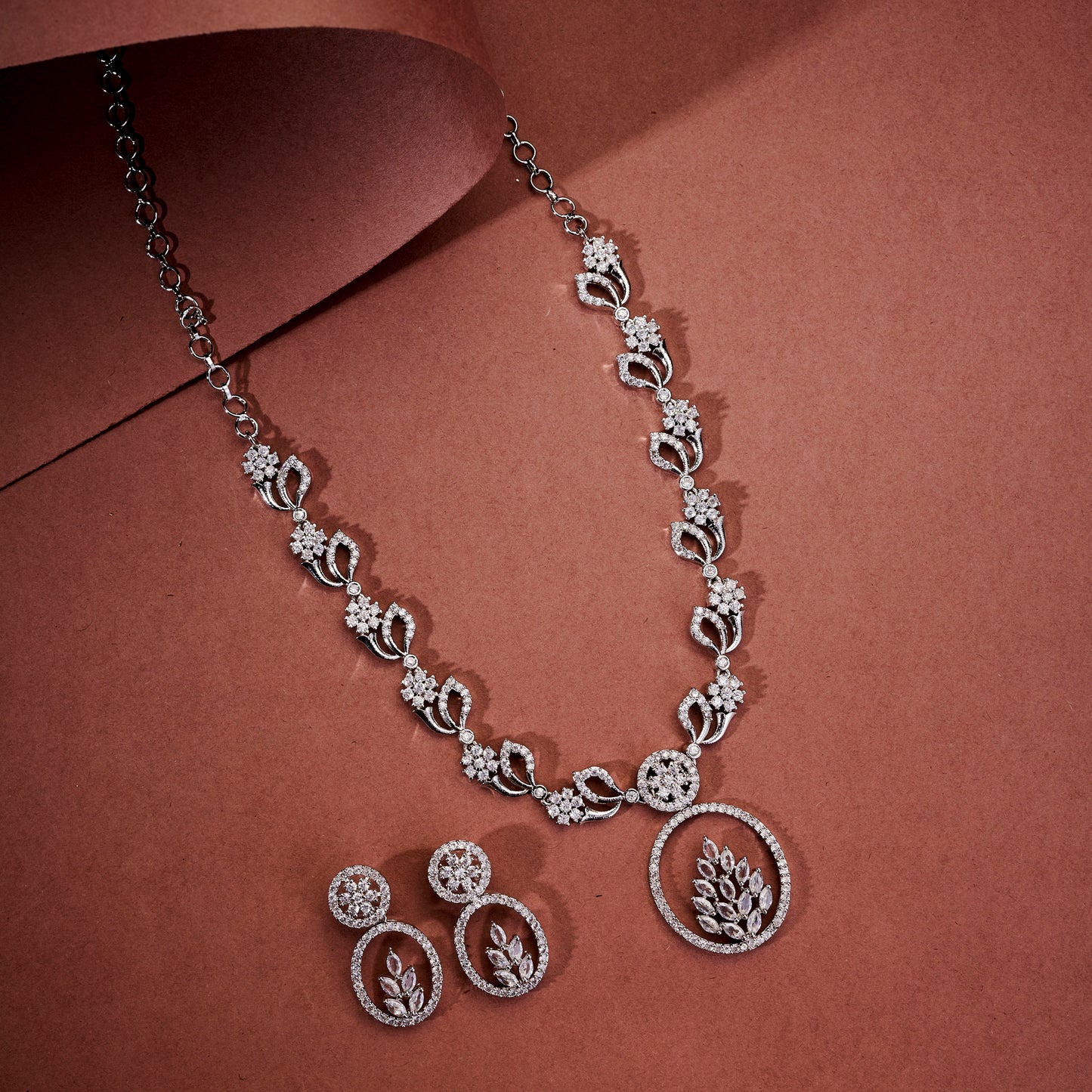 Leaflet Motif Rhodium Plated Necklace Set