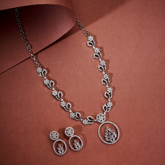 Leaflet Motif Rhodium Plated Necklace Set