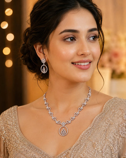 Leaflet Motif Rhodium Plated Necklace Set