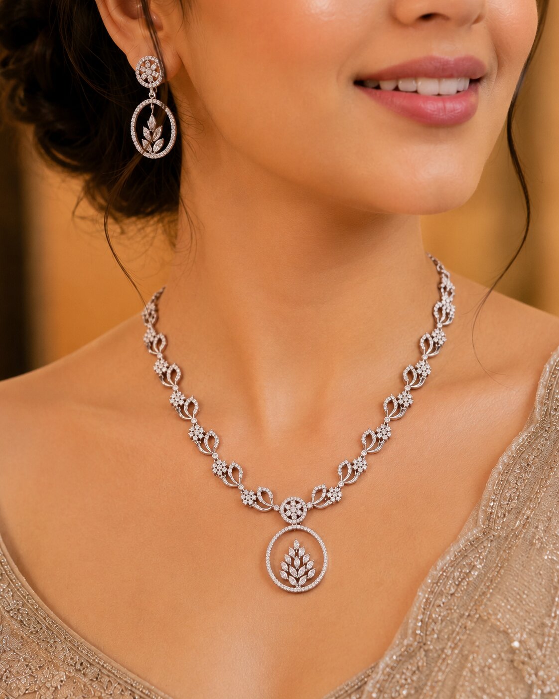 Leaflet Motif Rhodium Plated Necklace Set