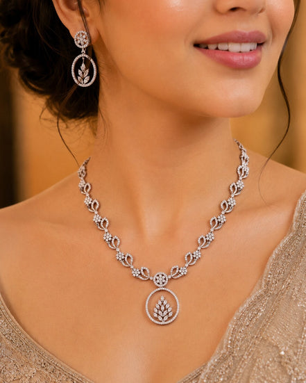 Leaflet Motif Rhodium Plated Necklace Set