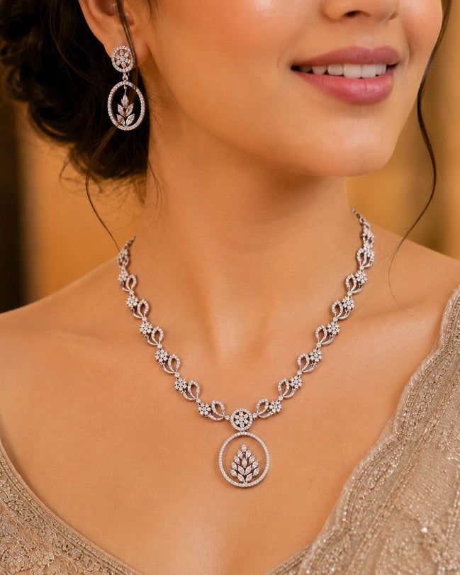 Leaflet Motif Rhodium Plated Necklace Set