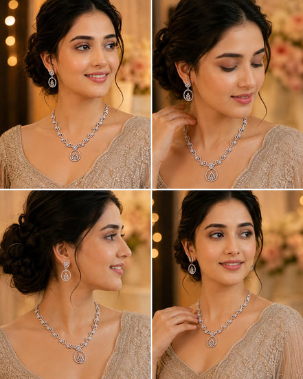 Leaflet Motif Rhodium Plated Necklace Set