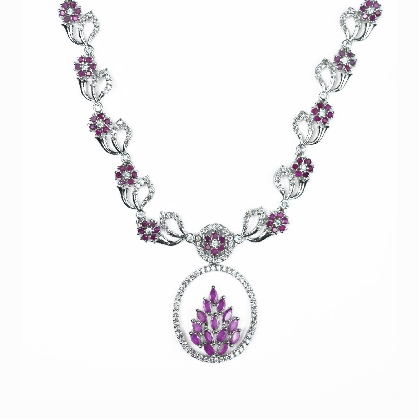 Leaflet Motif Rhodium Plated Necklace Set