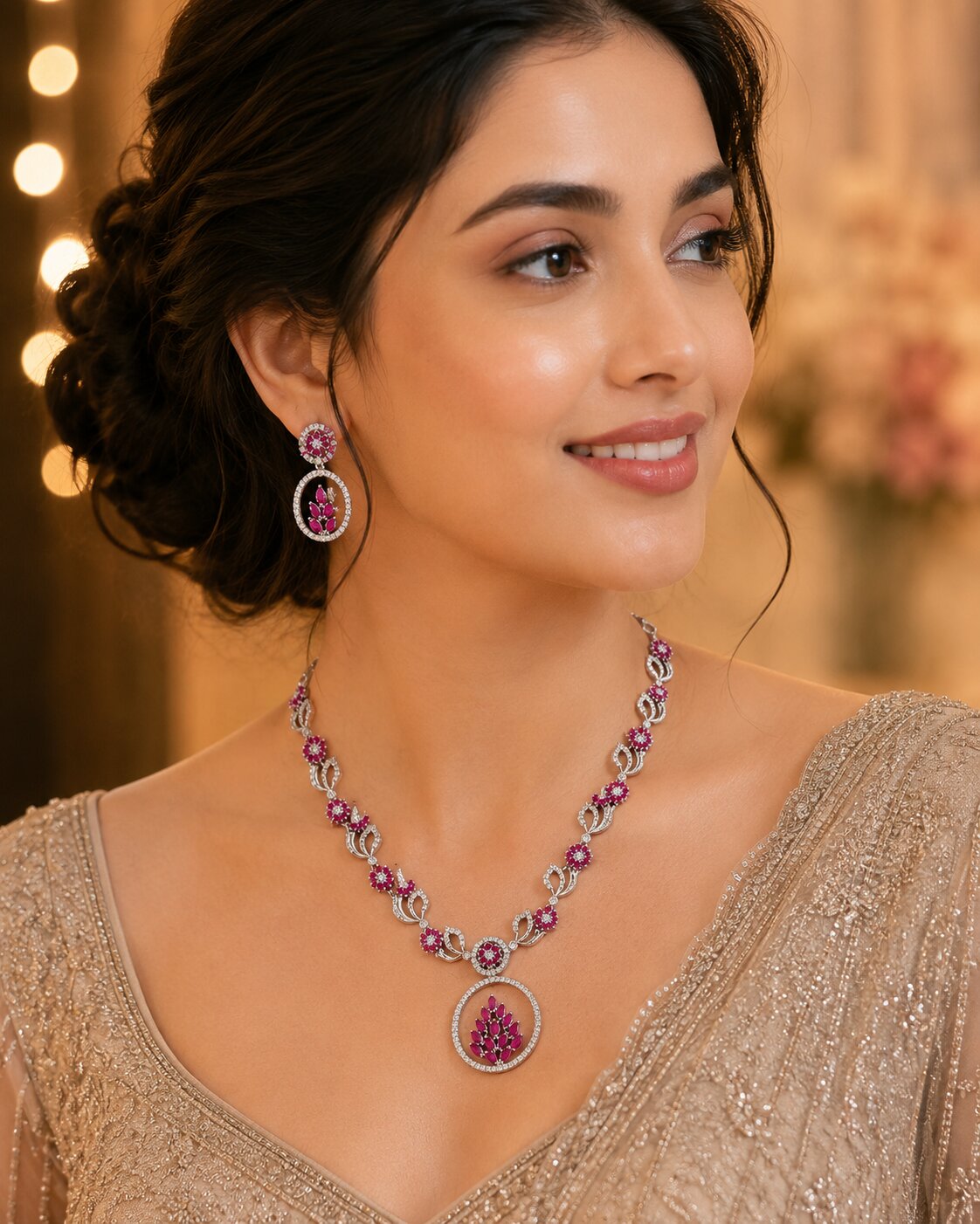 Leaflet Motif Rhodium Plated Necklace Set