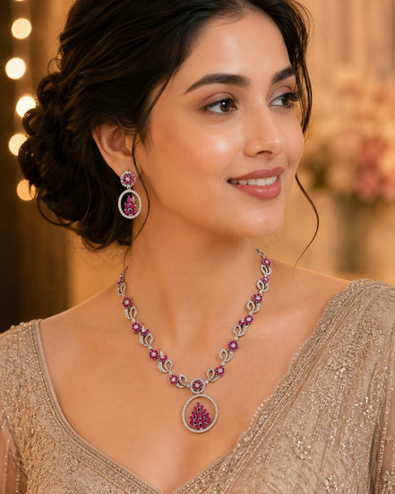 Leaflet Motif Rhodium Plated Necklace Set