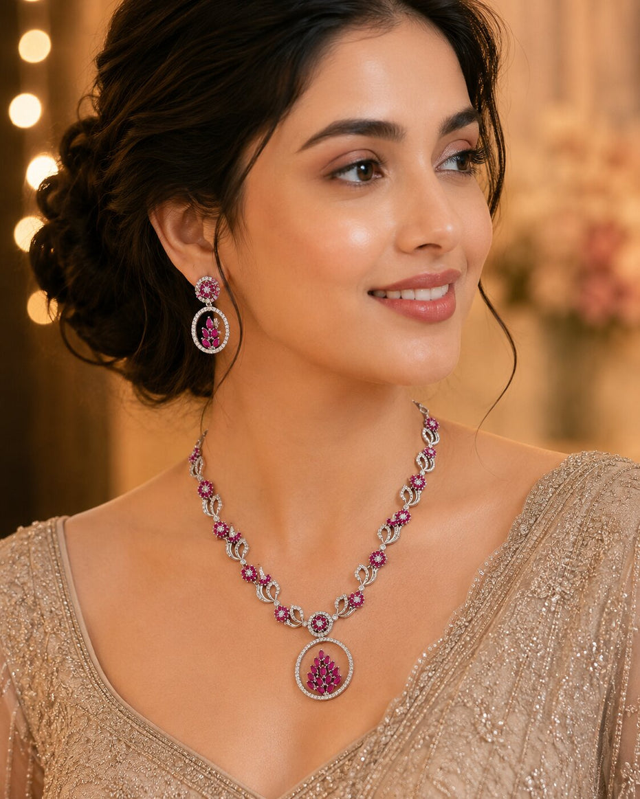 Leaflet Motif Rhodium Plated Necklace Set