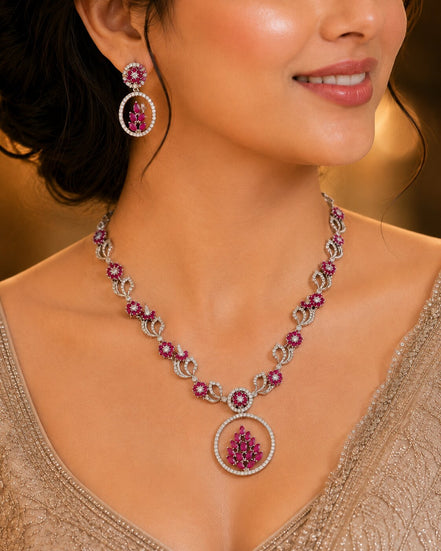 Leaflet Motif Rhodium Plated Necklace Set