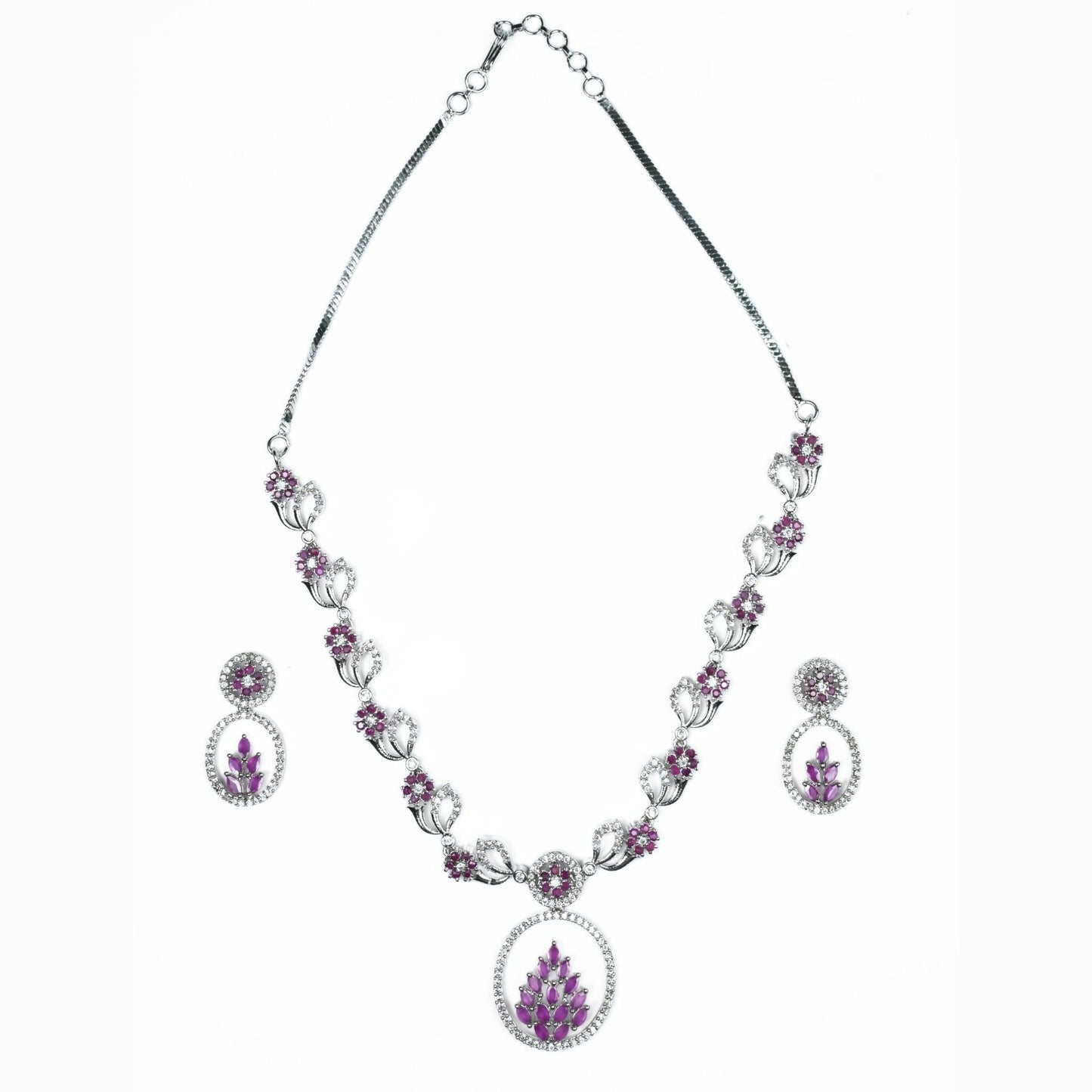 Leaflet Motif Rhodium Plated Necklace Set