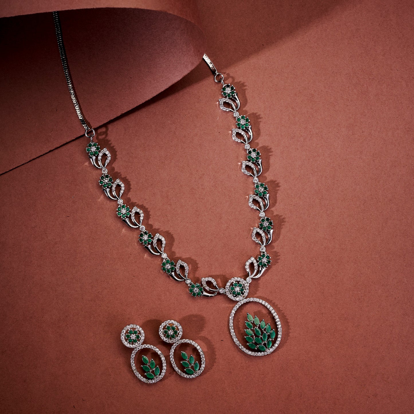 Leaflet Motif Rhodium Plated Necklace Set