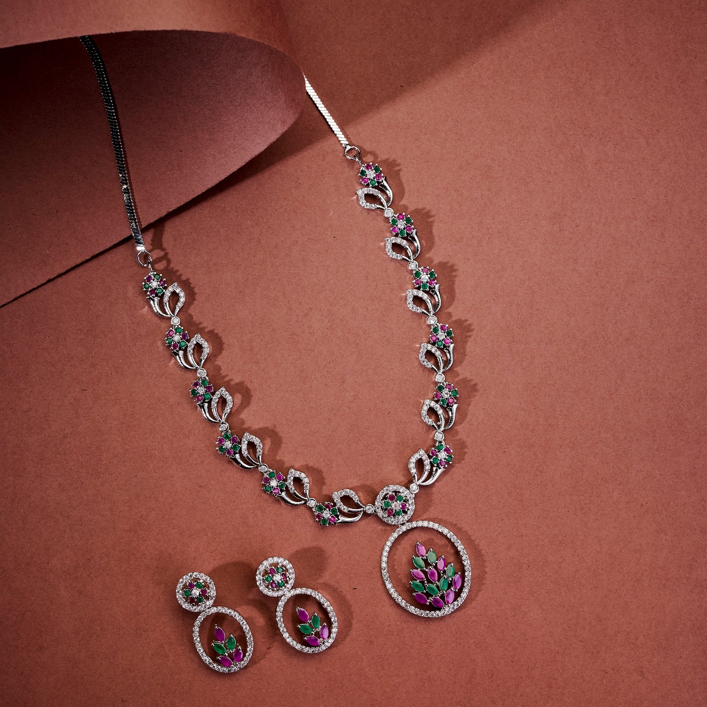 Leaflet Motif Rhodium Plated Necklace Set
