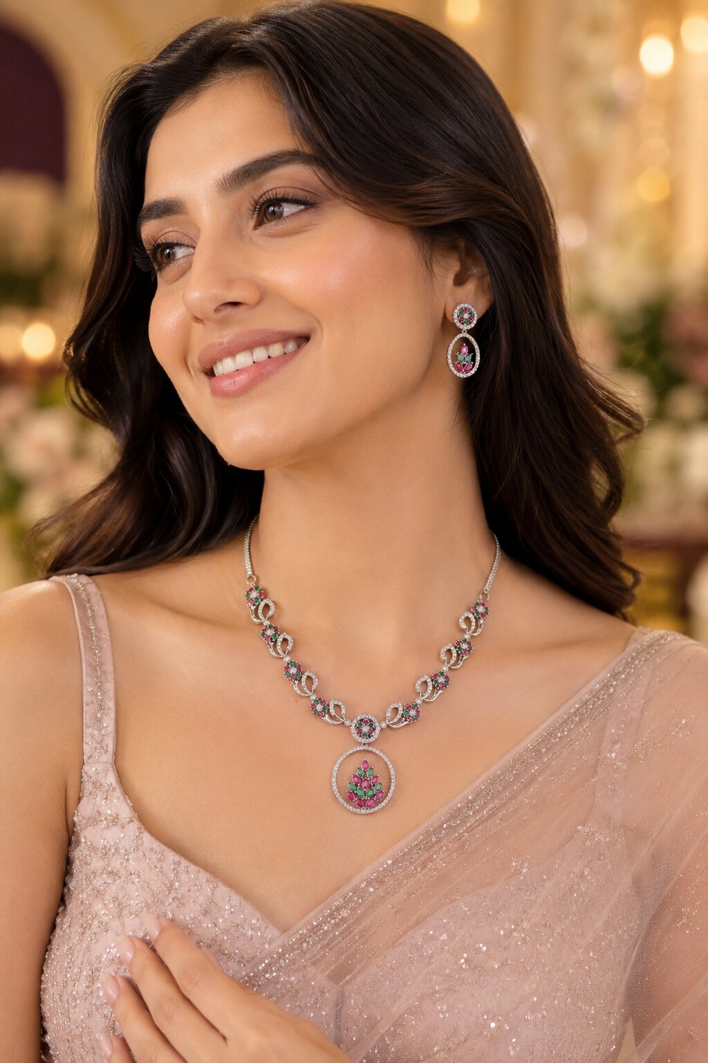 Leaflet Motif Rhodium Plated Necklace Set
