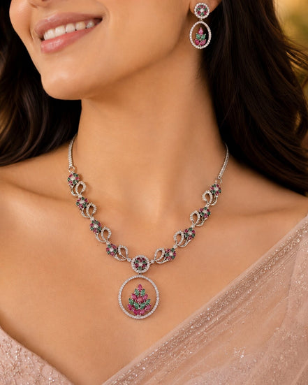 Leaflet Motif Rhodium Plated Necklace Set