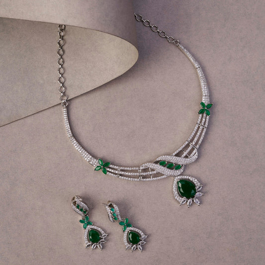 Emerald Elegance Floral Rhodium Plated Necklace Set