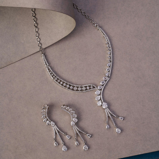 Radiant Rhodium-Plated Necklace Set with Sparkling Teardrop