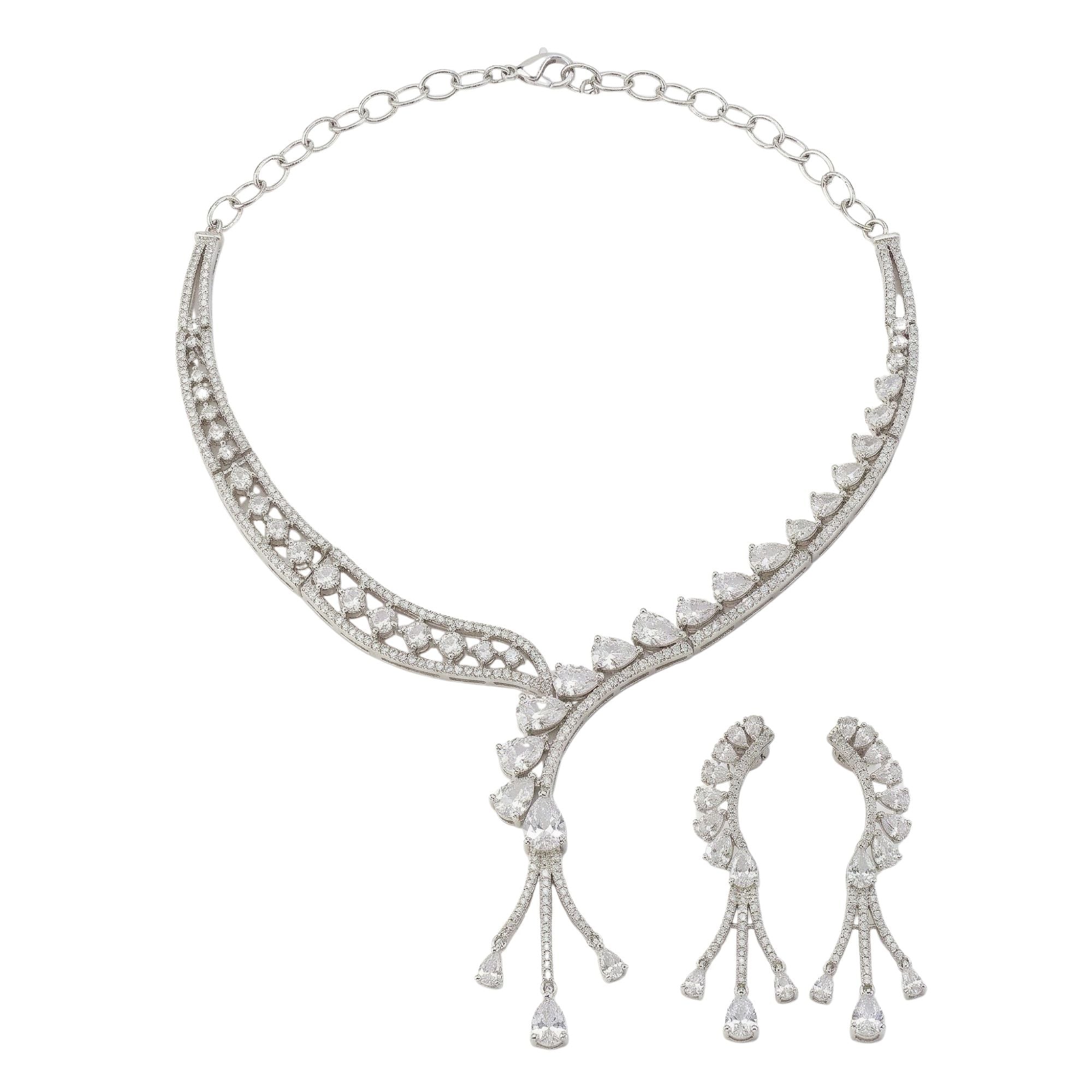 Radiant Rhodium-Plated Necklace Set with Sparkling Teardrop