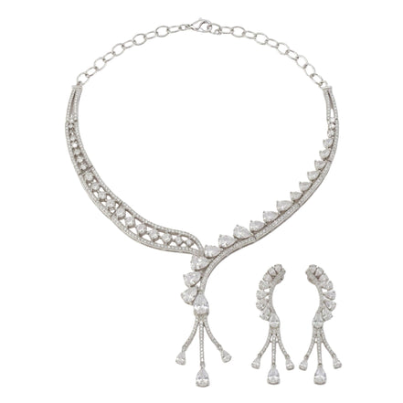 Radiant Rhodium-Plated Necklace Set with Sparkling Teardrop