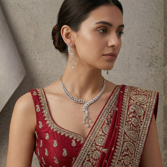Radiant Rhodium-Plated Necklace Set with Sparkling Teardrop