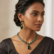 Rhodium Plated Emerald Green American Diamond Necklace Set with Teardrop Pendant & Matching Earrings
